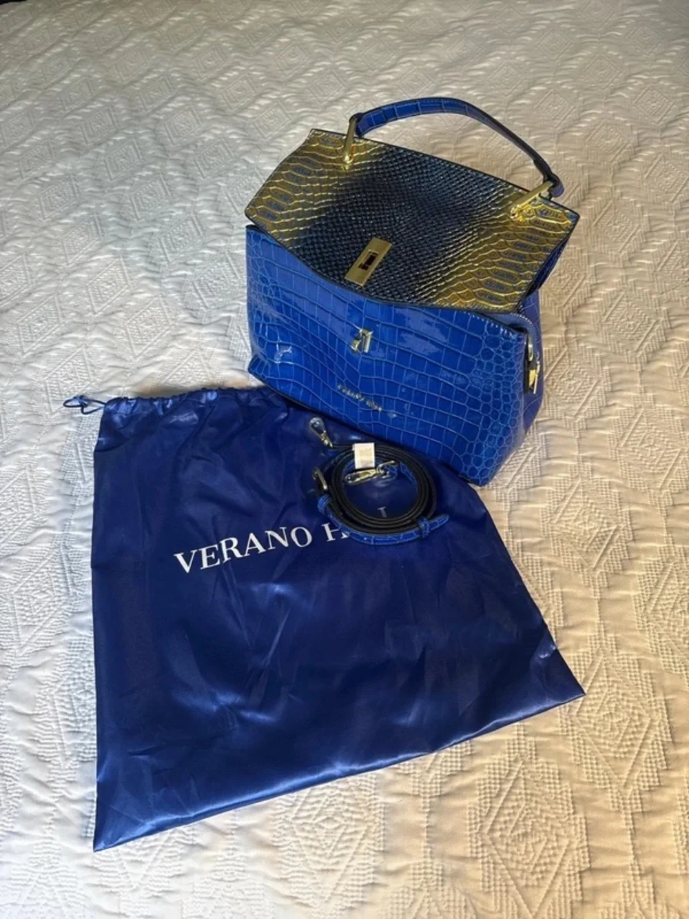 Verano Hill Blue Croc-Embossed Satchel with Gold Accent